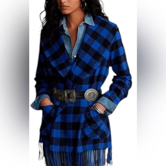 POLO RALPH LAUREN | Blue&Black Checkered Fringe Hem Belted Jacket - Picture 2 of 13